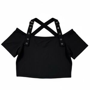 Romwe Black Cold Shoulder Grommet Cross Buckle Strap Crop Top